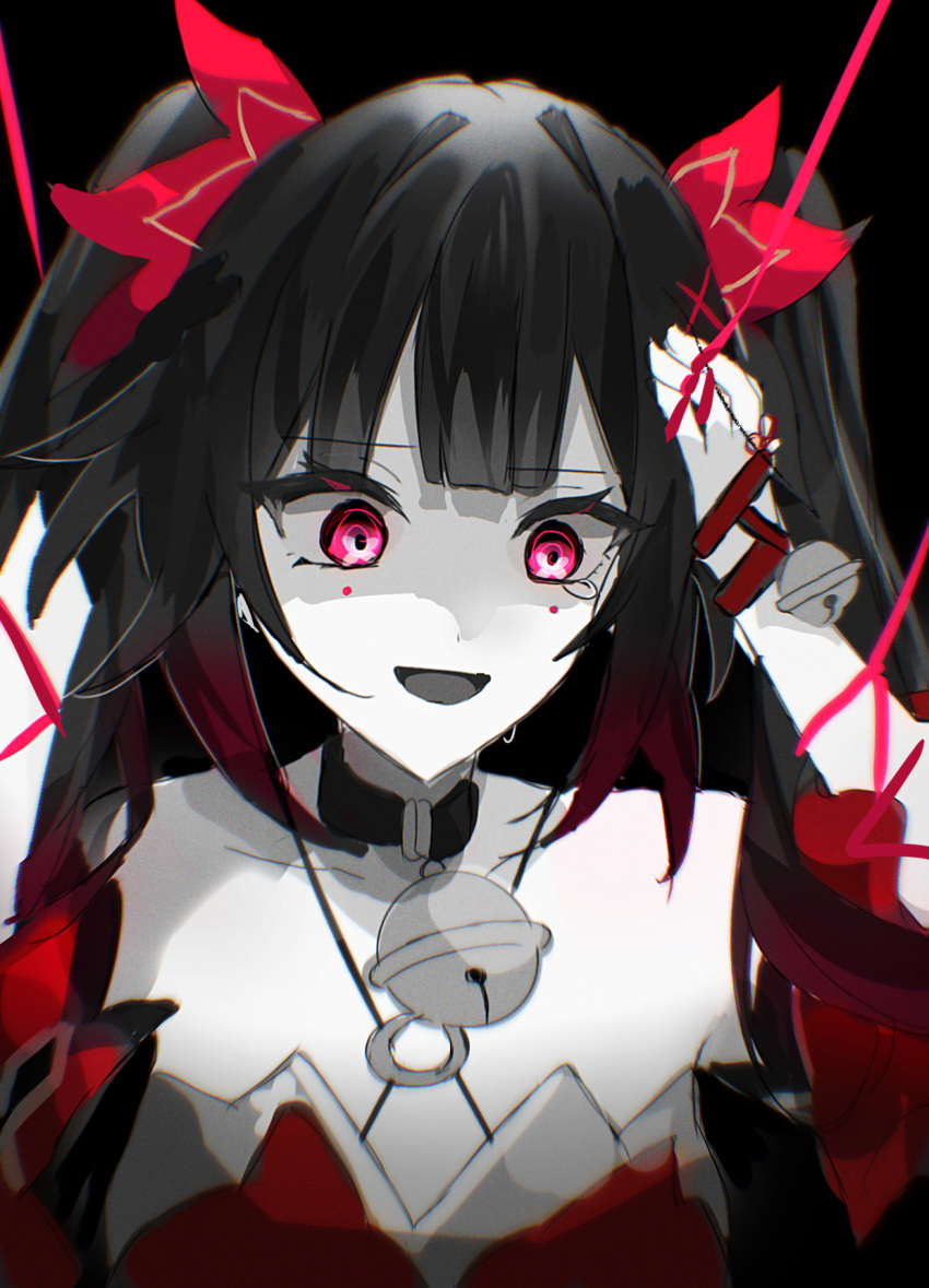 1girl, :d, bare_shoulders, bell, black_background, black_choker, black_gloves, black_hair