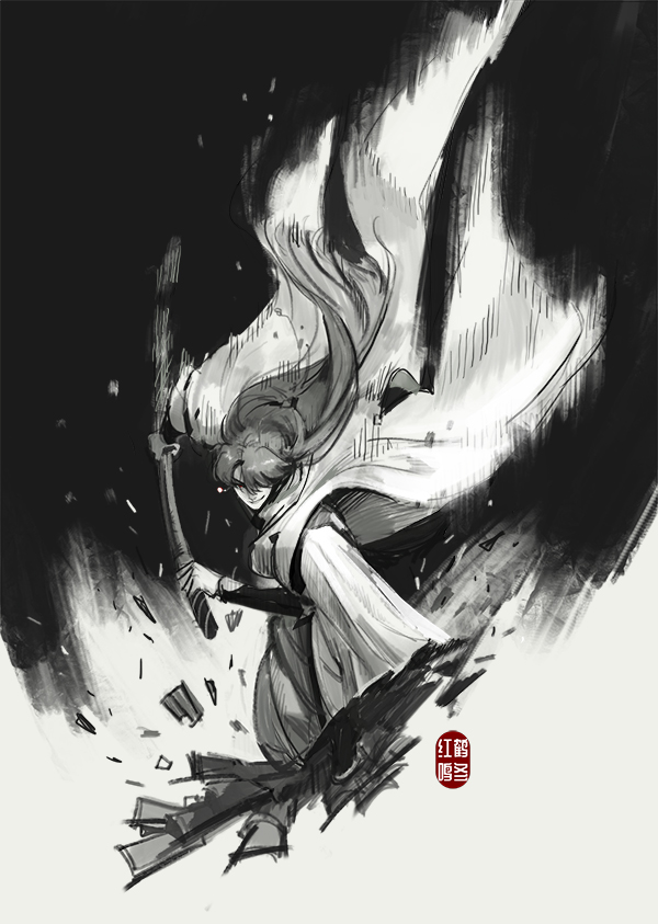 1boy, chinese_clothes, chinese_commentary, full_body, grin, hair_over_one_eye, hanfu, holding