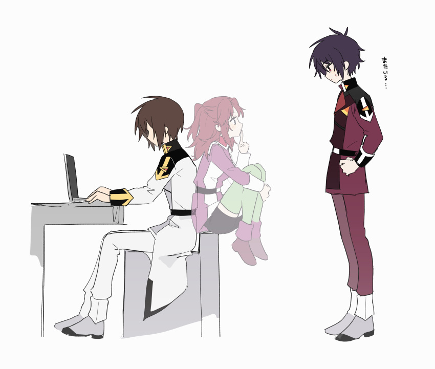 1girl, 2boys, absurdres, black_hair, brown_hair, computer, finger_to_mouth, flay_allster, ghost, gundam, gundam_seed, gundam_seed_freedom, highres, hugging_own_legs, kira_yamato, laptop, military_uniform, multiple_boys, red_eyes, redhead, s_ask33, shinn_asuka, shushing, sitting, uniform, white_background, working