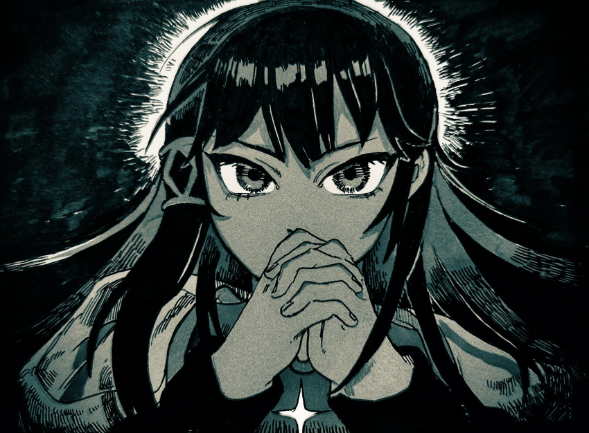 1girl, arne_alternata, black_hair, blunt_bangs, covered_mouth, cross, cross_necklace, hair_ornament