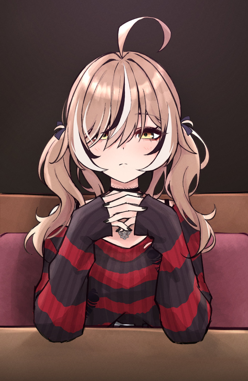 1girl, ?, absurdres, ahoge, black_hair, black_nails, black_sweater, blurry