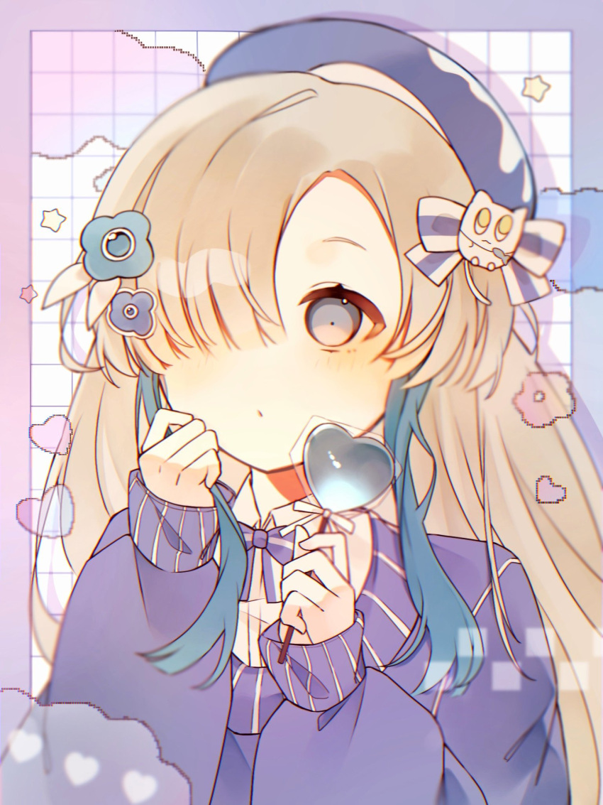 1girl, beret, blonde_hair, blue_flower, blue_headwear, blue_sweater, blush, border