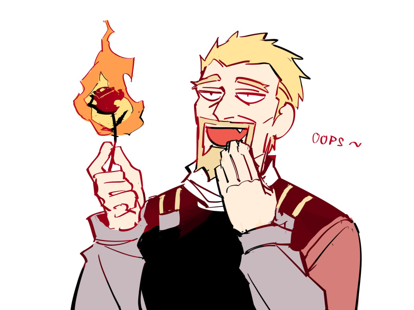 1boy, absurdres, askeladd, blonde_hair, burning, covering_own_mouth, facial_hair, fang