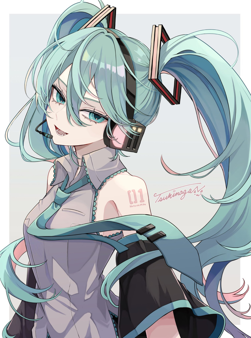 1girl, :d, arms_at_sides, bare_shoulders, black_skirt, blue_eyes, blue_hair, blue_necktie