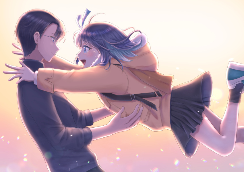 16bit_sensation, 1boy, 1girl, akisato_konoha, backpack, bag, black_hair, black_shirt, blue_hair, colored_inner_hair, commentary_request, fang, from_side, fur-trimmed_jacket, fur_trim, glasses, hair_ribbon, hood, hooded_jacket, ichigo_daifuku_(blumenwalzer0903), imminent_hug, jacket, medium_hair, multicolored_hair, open_mouth, ribbon, rokuta_mamoru, shirt, short_hair, skirt, smile, tearing_up, yellow_jacket