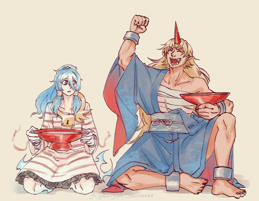 2girls, barefoot, blonde_hair, blue_eyes, blue_hair, chest_sarashi, cuffs, cup