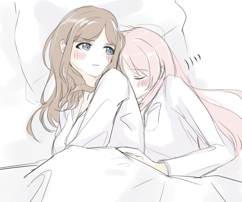 2girls, bang_dream!, bang_dream!_it's_mygo!!!!!, blue_eyes, blush, brown_hair, chihaya_anon, closed_eyes