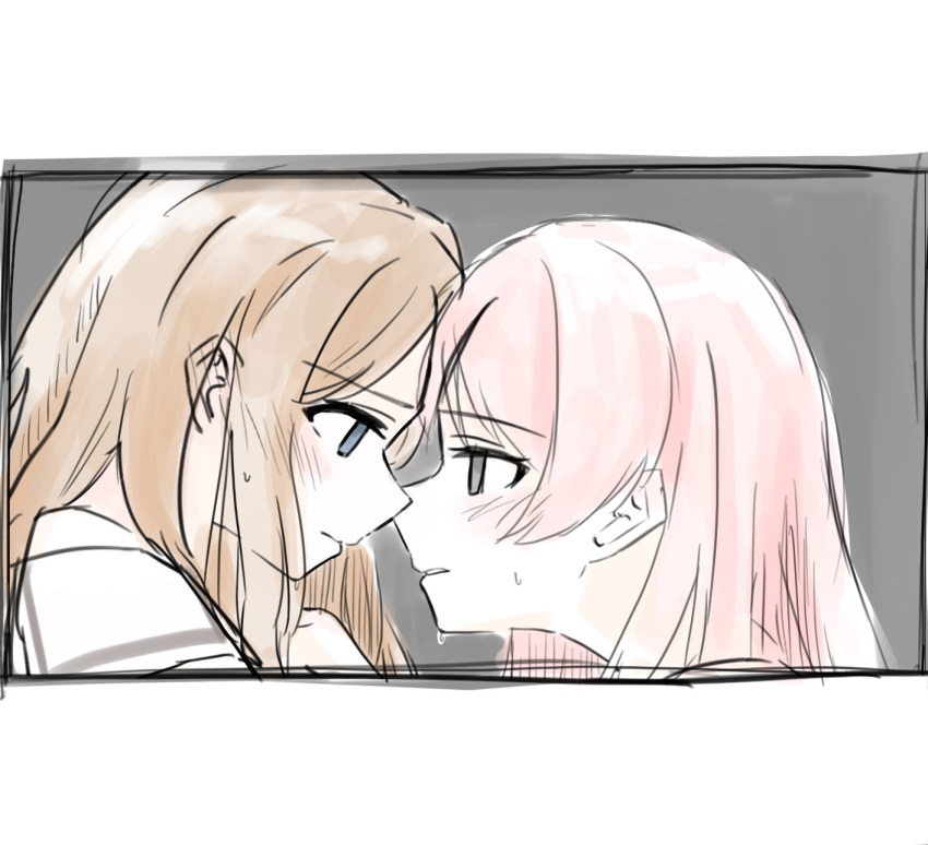 2girls, bang_dream!, bang_dream!_it's_mygo!!!!!, blue_eyes, blush, brown_hair, chihaya_anon, commentary_request
