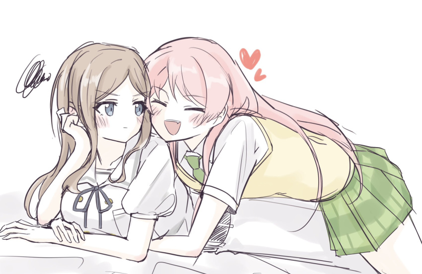 2girls, :d, bang_dream!, bang_dream!_it's_mygo!!!!!, blue_eyes, blue_ribbon, blush, brown_hair