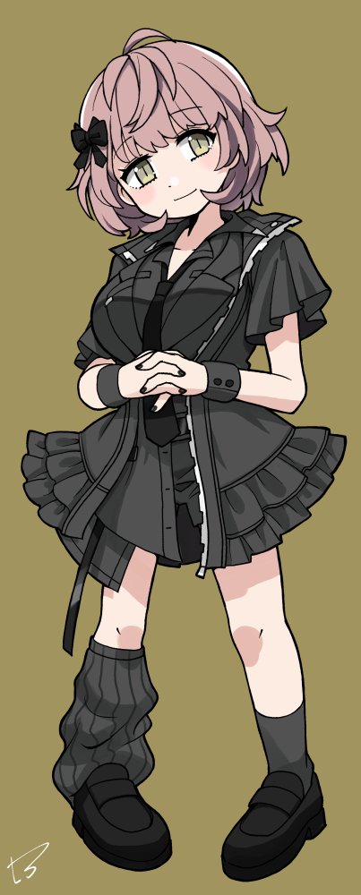 1girl, asymmetrical_legwear, black_dress, black_footwear, black_jacket, black_nails, black_necktie, black_ribbon