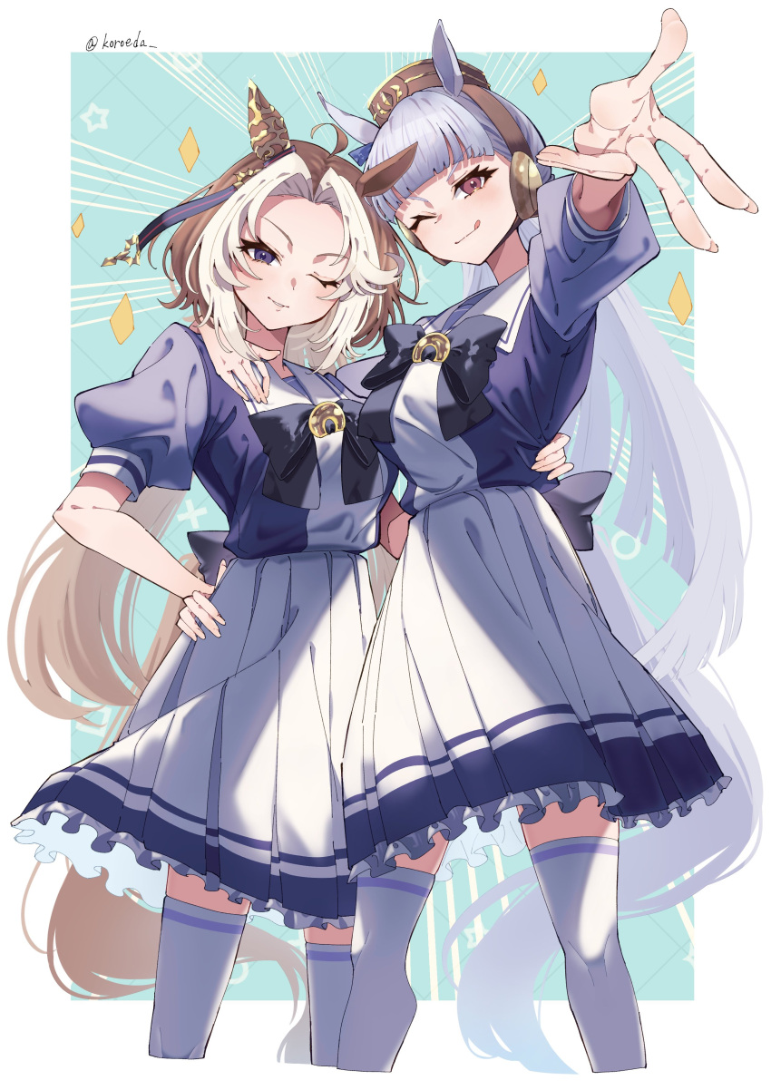 2girls, absurdres, ahoge, animal_ears, blunt_bangs, blunt_ends, bow, bowtie, brown_hair, brown_headwear, commentary_request, ear_covers, ear_ornament, emphasis_lines, feet_out_of_frame, frilled_skirt, frills, gold_ship_(umamusume), gyaru_v, hair_intakes, hand_on_another's_hip, hand_on_own_hip, head_tilt, headgear, highres, horse_ears, horse_girl, horse_tail, koroeda6, multiple_girls, one_eye_closed, orfevre_(racehorse), pillbox_hat, pleated_skirt, puffy_short_sleeves, puffy_sleeves, purple_bow, purple_bowtie, purple_hair, purple_shirt, red_eyes, sailor_collar, sailor_shirt, school_uniform, shirt, short_sleeves, single_ear_cover, skirt, summer_uniform, tail, thigh-highs, tongue, tongue_out, tracen_school_uniform, twitter_username, umamusume, v, violet_eyes, waist_bow, white_hair, white_sailor_collar, white_skirt, white_thighhighs