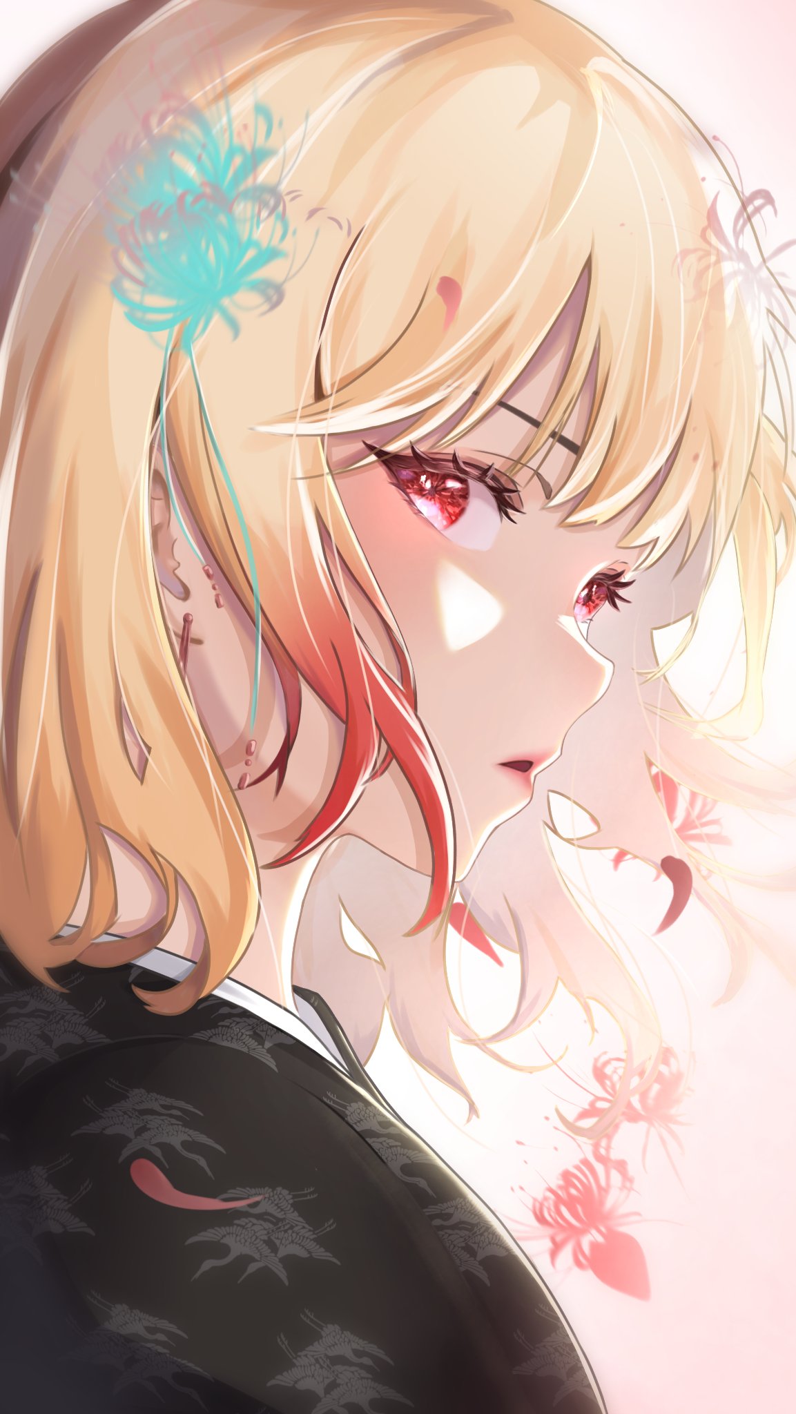 akatsukidapda, black_kimono, crane_print, falling_petals, flower, highres, japanese_clothes, kimono