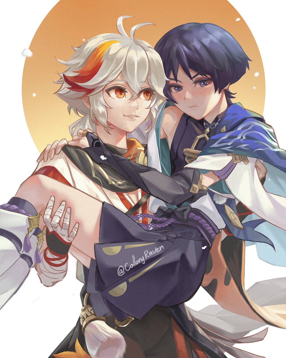 2boys, ahoge, bishounen, blush, carrying, coloryraven, cowboy_shot, gauntlets