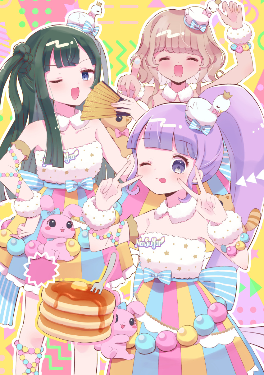 3girls, :d, ;d, ^_^, absurdres, arm_up, bird_hat, blue_eyes