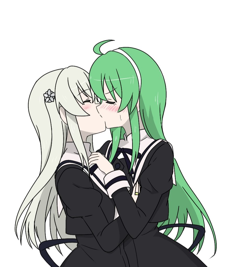 2girls, ahoge, assault_lily, black_ribbon, black_skirt, blush, cropped_jacket, egawa_kusumi