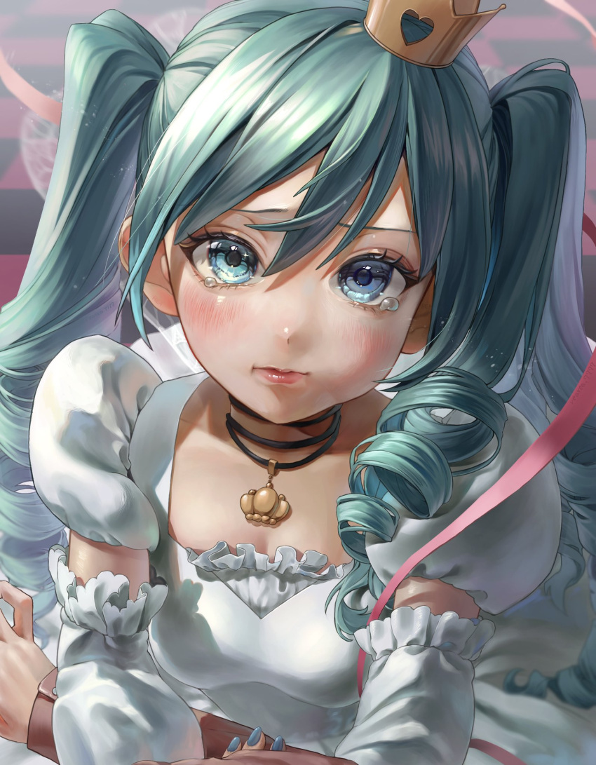 1girl, :t, aqua_eyes, aqua_hair, aqua_nails, arm_hug, blurry, blurry_background