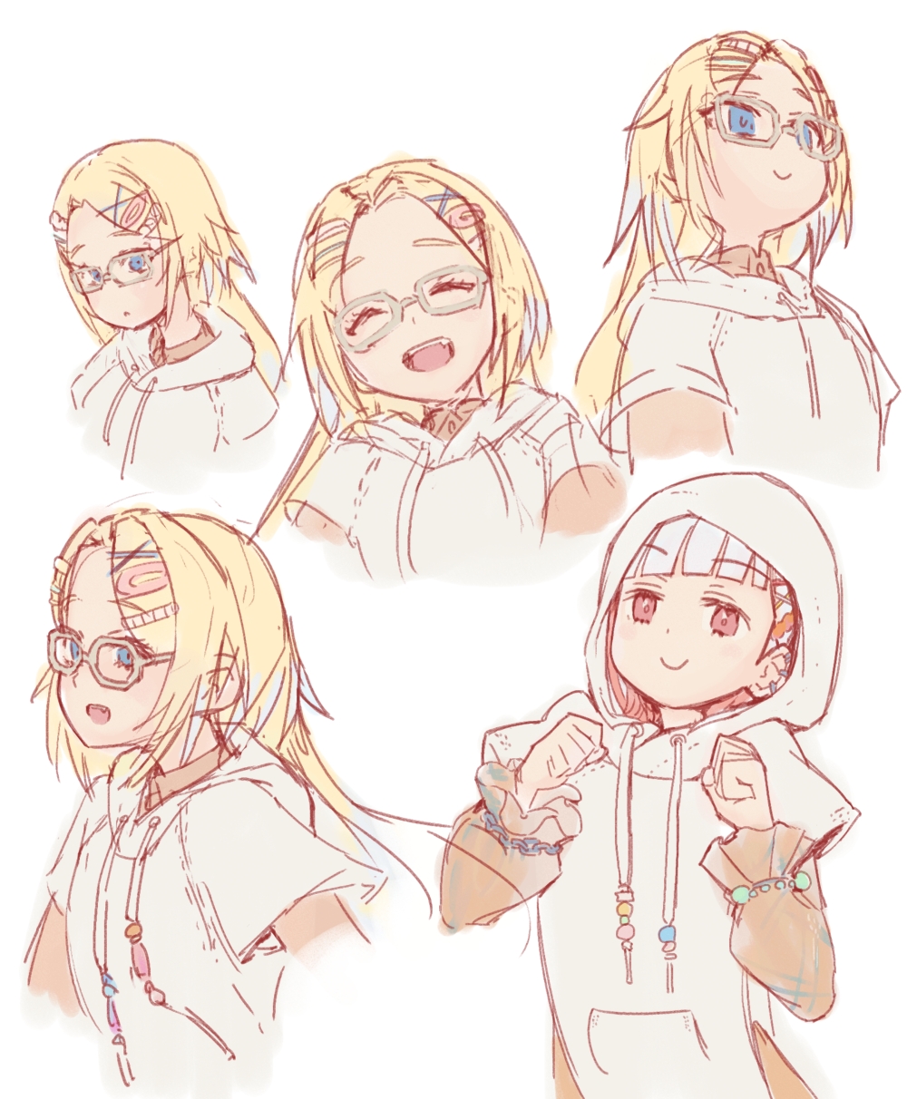 2girls, :d, :o, alternate_costume, alternate_hairstyle, blonde_hair, blue_hair, bracelet