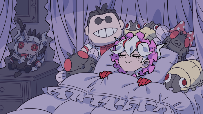 1girl, bed, beelzebub_(helltaker), bug, character_doll, demon_girl, demon_horns, helltaker