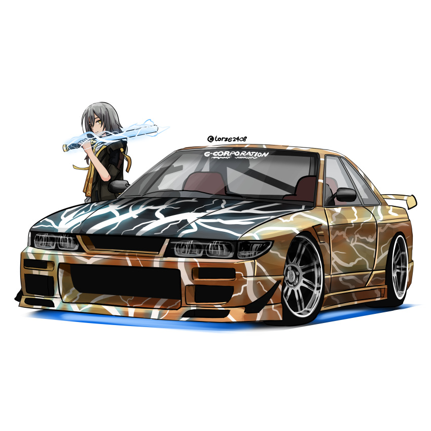 1girl, absurdres, airfryer1892, black_jacket, car, dated_commentary, electricity, english_commentary