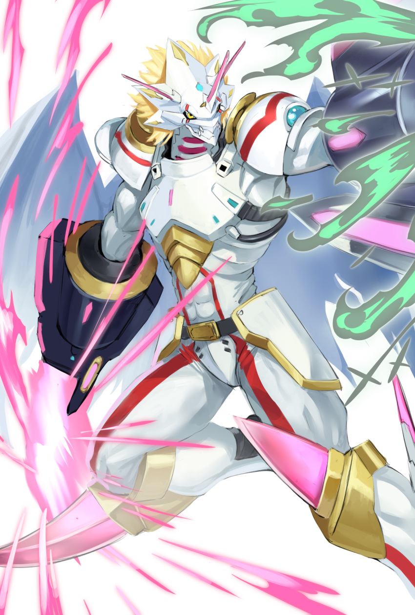 1boy, abs, arm_blade, arm_cannon, armor, attack, blonde_hair, digimon, digimon_ghost_game, dragon, energy_gun, energy_sword, firing, highres, horns, short_hair, shoulder_armor, simple_background, siriusmon, slashing, spikes, sword, torn_wings, vgf-sppbd, weapon, white_background, wings, yellow_eyes
