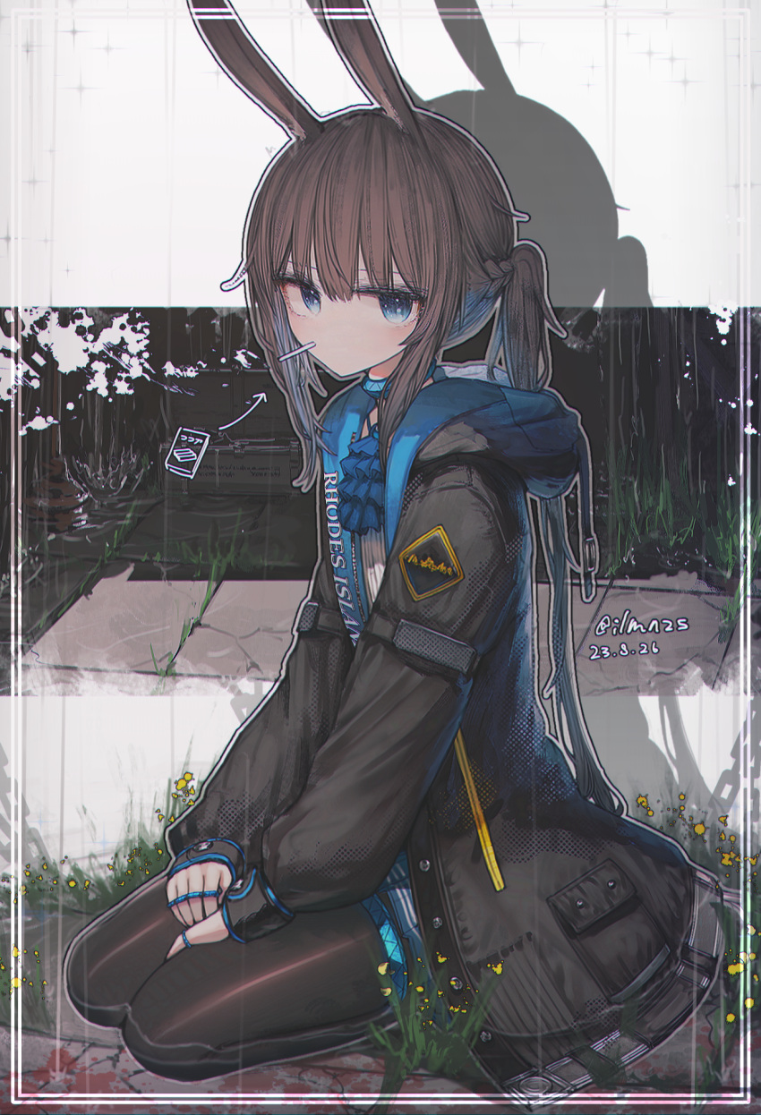1girl, amiya_(arknights), animal_ear_fluff, animal_ears, arknights, artist_name, ascot, black_jacket