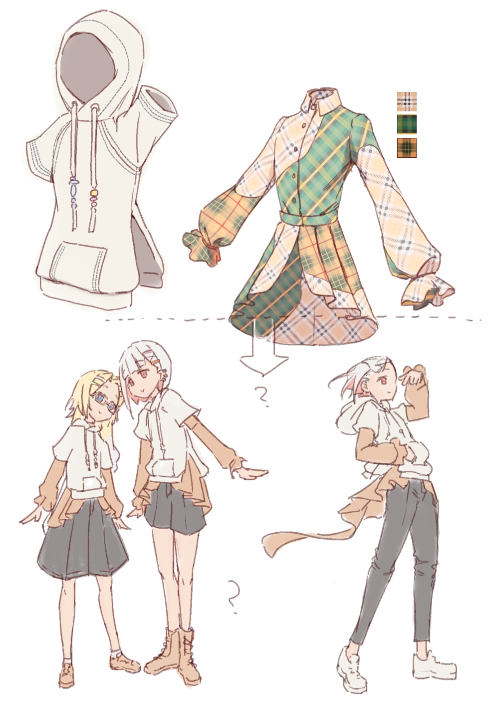 2girls, ?, arrow_(symbol), black_pants, black_shorts, black_skirt, blonde_hair, blue_eyes