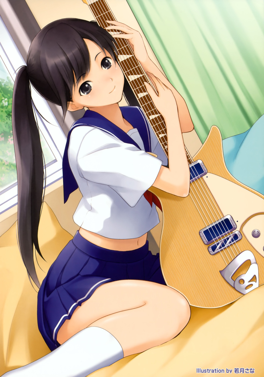 black_eyes, black_hair, curtain, cute, female, girl, guitar, highres