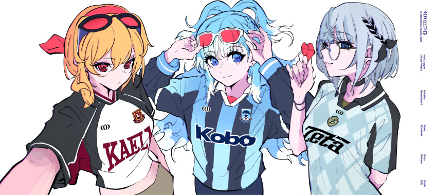 3girls, absurdres, alternate_costume, bikuga, black_ribbon, black_shirt, blonde_hair, blue_hair