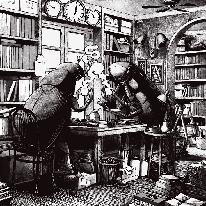 2others, bookshelf, bug, chair, clock, cup, extra_arms, holding, holding_cup, holding_plate, holding_spoon, indoors, lamp, looking_at_another, monochrome, mugly, multiple_others, original, painting_(object), plate, spoon, steam, surreal, table, teacup, teapot, window