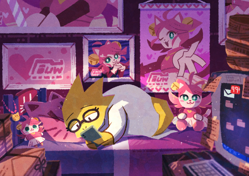 1girl, absurdres, alphys, bed, bedroom, black-framed_eyewear, black_eyes, cellphone, character_doll, colored_skin, commentary_request, computer, covered_mouth, doll, full_body, furry, furry_female, glasses, highres, holding, holding_phone, indoors, jewelry, keyboard_(computer), lying, mad_mew_mew, monitor, on_bed, on_side, phone, picture_frame, pillow, poster_(object), shirt, smartphone, solo, sticky_note, undertale, unworn_jewelry, watawata22, white_shirt, yellow_skin