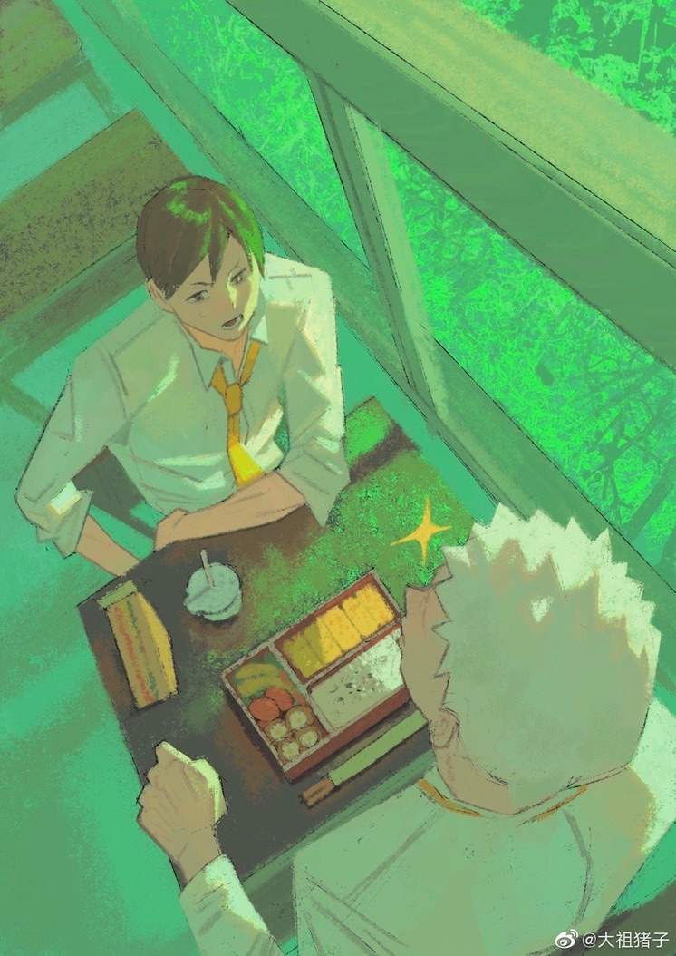 2boys, aone_takanobu, arm_on_table, bento, black_eyes, brown_hair, cafeteria, chopsticks