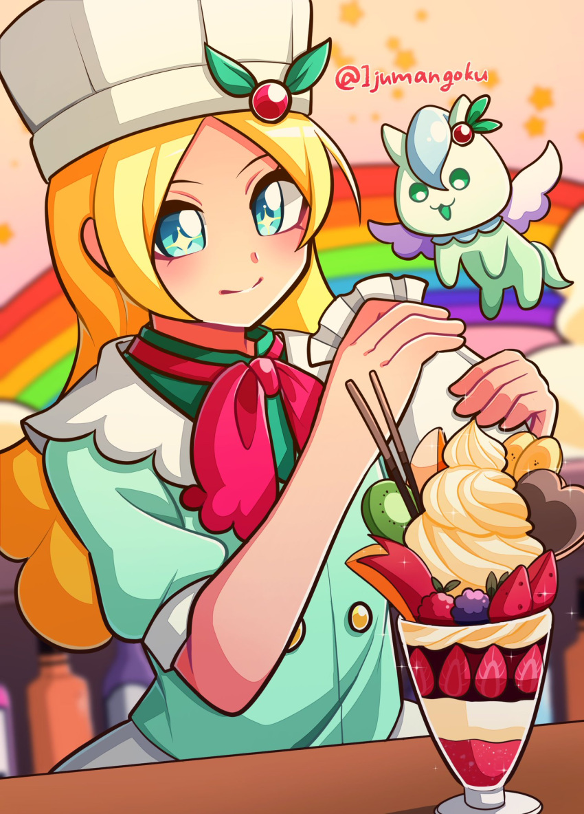 +_+, 1girl, 1jumangoku, apron, banana, banana_slice, berry, blonde_hair
