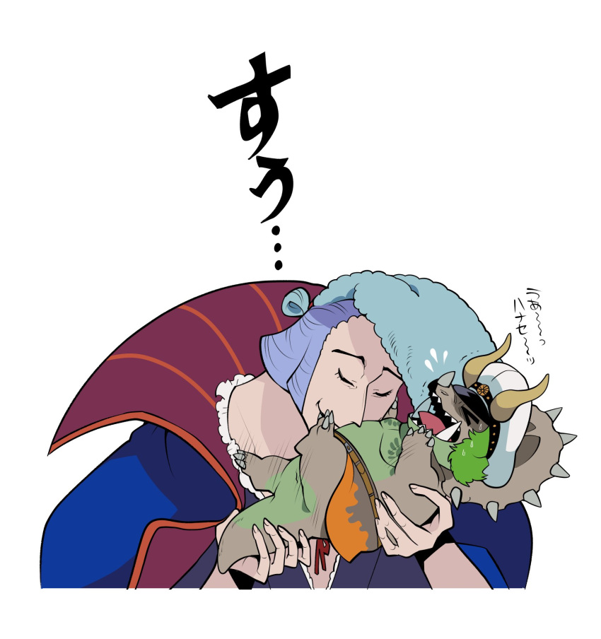 2boys, baby, blue_hair, blue_kimono, carrying, carrying_person, closed_eyes, denjirou_(one_piece)