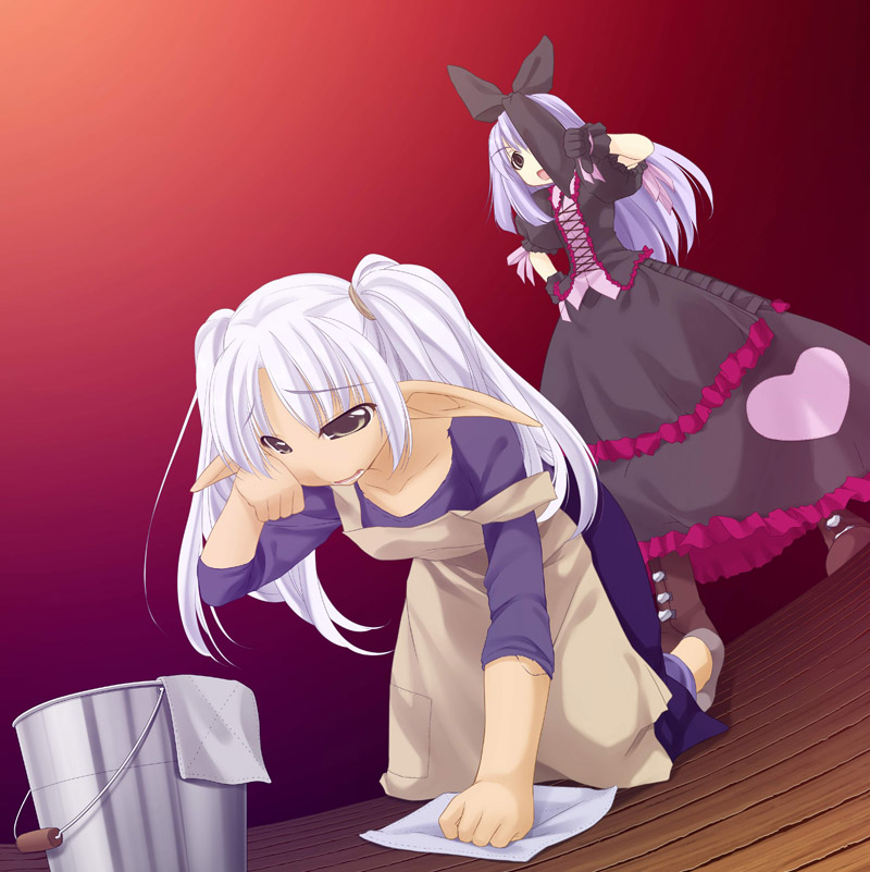 2girls, apron, atelier-moo, bucket, dark_elf, elf, gothic_lolita, kneeling