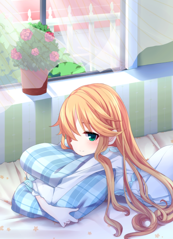 1girl, bedroom, blonde_hair, bush, closed_mouth, collared_dress, commentary_request, curtains
