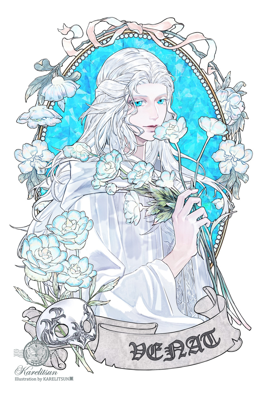 1girl, artist_name, blue_eyes, border, capelet, character_name, chinese_commentary, colored_eyelashes