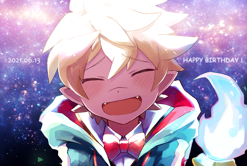 1boy, blonde_hair, blue_fire, blush, bow, bowtie, child, closed_eyes