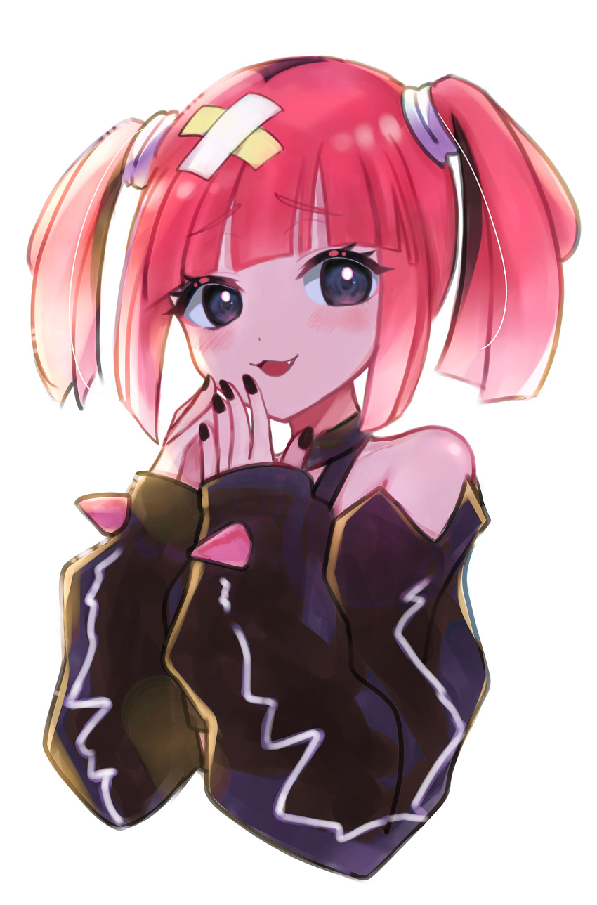1girl, :d, absurdres, black_nails, black_shirt, blush, commentary_request, eyelashes, fang, grey_eyes, hair_ornament, hands_up, highres, long_sleeves, looking_at_viewer, nail_polish, off_shoulder, open_mouth, pink_hair, pokemon, pokemon_(anime), pokemon_horizons, rado_(npun2352), sango_(pokemon), shirt, simple_background, sleeves_past_wrists, smile, solo, twintails, upper_body, white_background