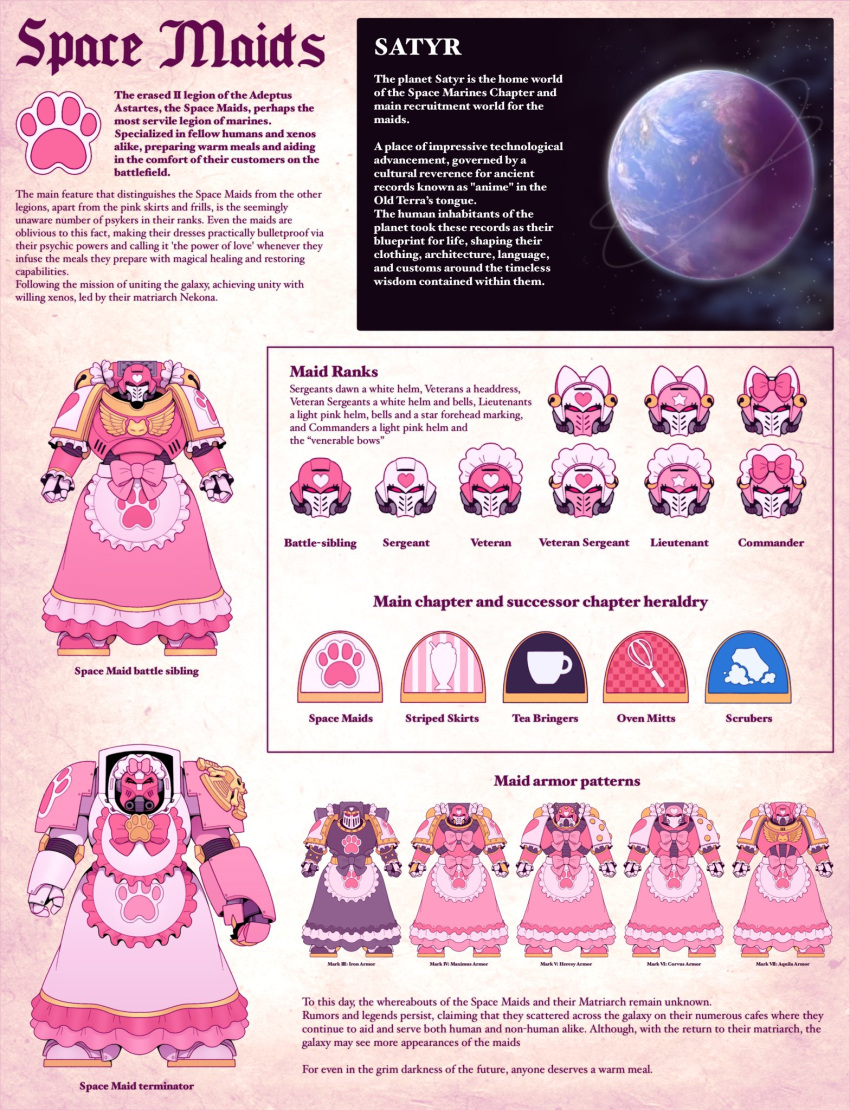 adeptus_astartes, armor, bow, chumiicham, commentary, cup, english_commentary, english_text, helmet, highres, paw_print, pink_bow, pink_skirt, planet, reference_sheet, skirt, teacup, warhammer_40k