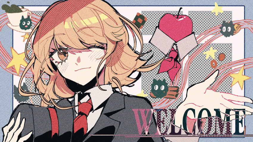 1girl, ;), apple, apple_(reverse:1999), black_headwear, black_jacket, blue_border, blue_suit