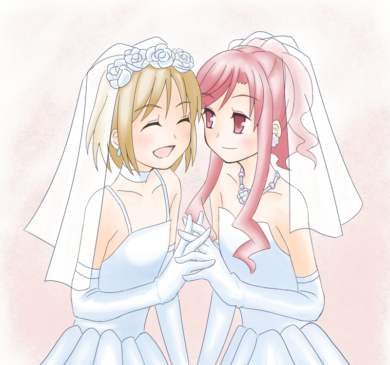 bad_id, bridal_veil, brown_hair, dress, elbow_gloves, gloves, jewelry, kanamemo