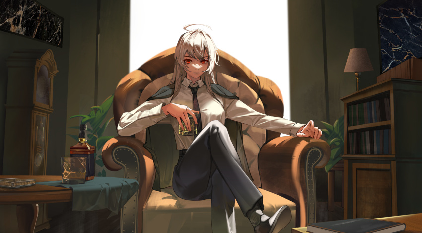 1girl, ahoge, alcohol, armchair, black_footwear, black_necktie, black_pants, book
