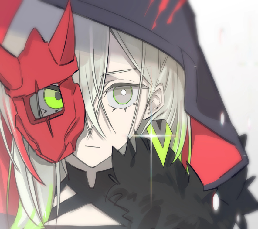 @lemon_ocg, diabellstar_the_black_witch, earrings, green_eyes, green_highlights, highres, hood, jewelry, mask, non-web_source, white_hair, yu-gi-oh!