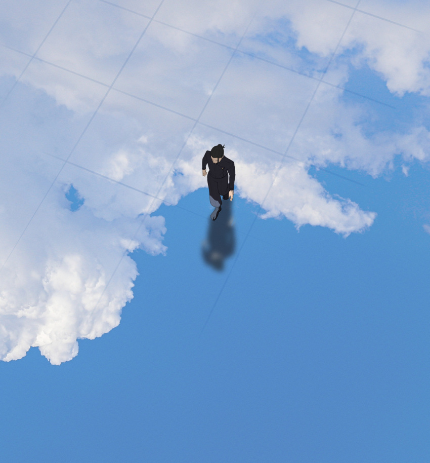 1boy, absurdres, ahoge, black_footwear, black_hair, black_jacket, black_pants, blue_sky