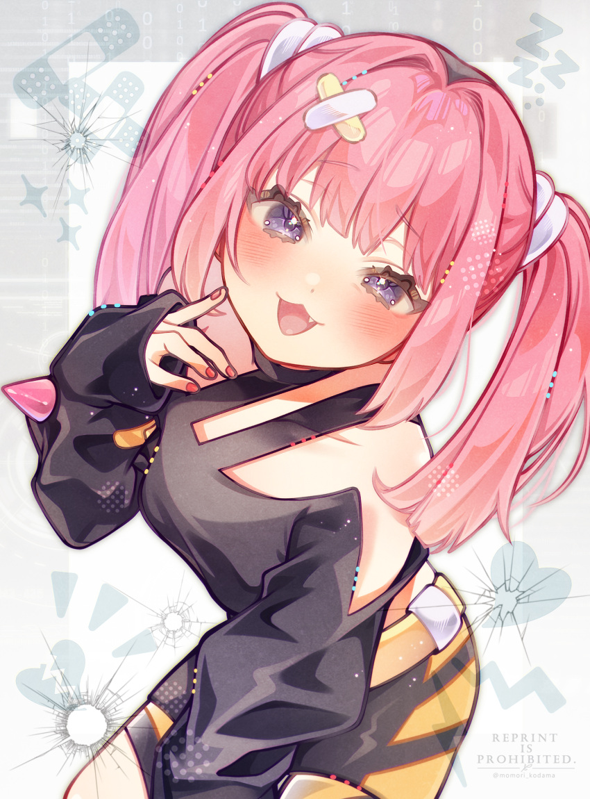 1girl, :d, belt, black_shirt, blush, broken_heart, commentary_request, eyelashes, fang, grey_eyes, hair_ornament, hand_up, happy, heart, highres, long_sleeves, looking_at_viewer, nail_polish, off_shoulder, open_mouth, pink_hair, pink_nails, pokemon, pokemon_(anime), pokemon_horizons, sango_(pokemon), shikamori_kodama, shirt, skirt, sleeves_past_wrists, smile, solo, twintails, yellow_belt