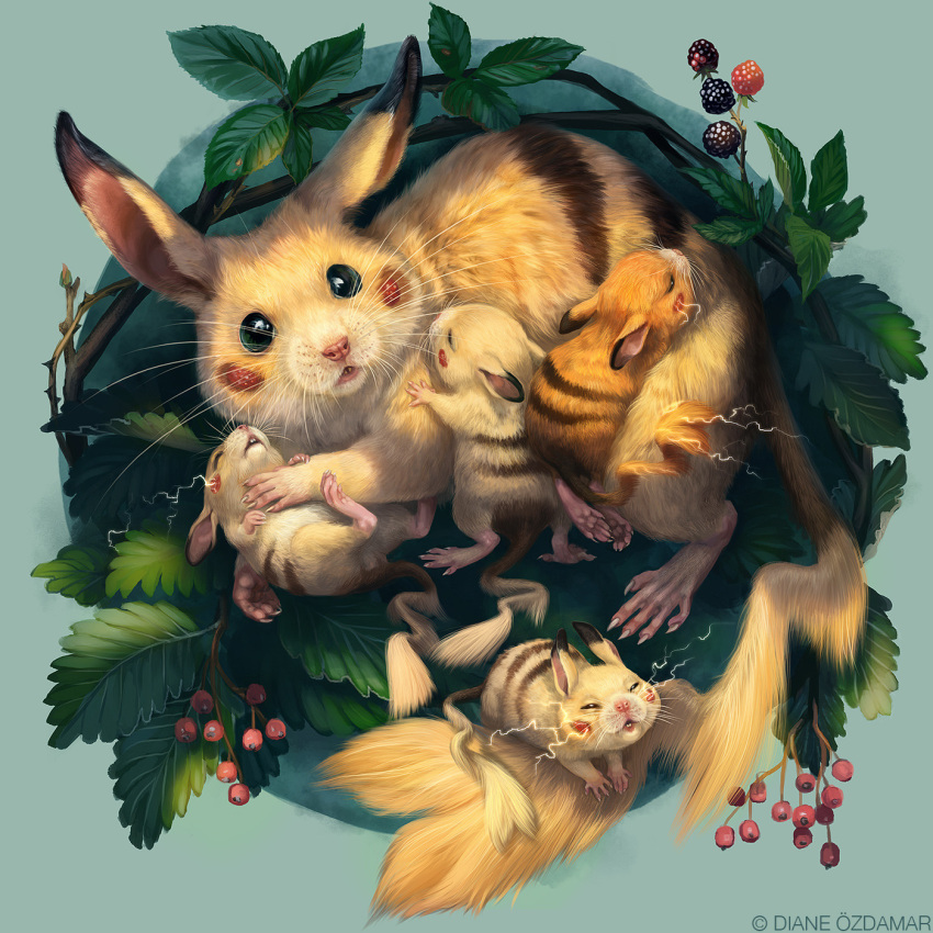 alternate_color, animal_focus, aqua_background, baby, berry, black_eyes, character_design_challenge, closed_eyes, closed_mouth, commentary, cuddling, diane_ozdamar, electricity, english_commentary, foliage, food, fruit, full_body, highres, holding_baby, leaf, litter, looking_at_viewer, making-of_available, nest, no_humans, open_mouth, pikachu, pokemon, pokemon_(creature), raspberry, realistic, shiny_pokemon, swedish_white_bean, thorns, whiskers