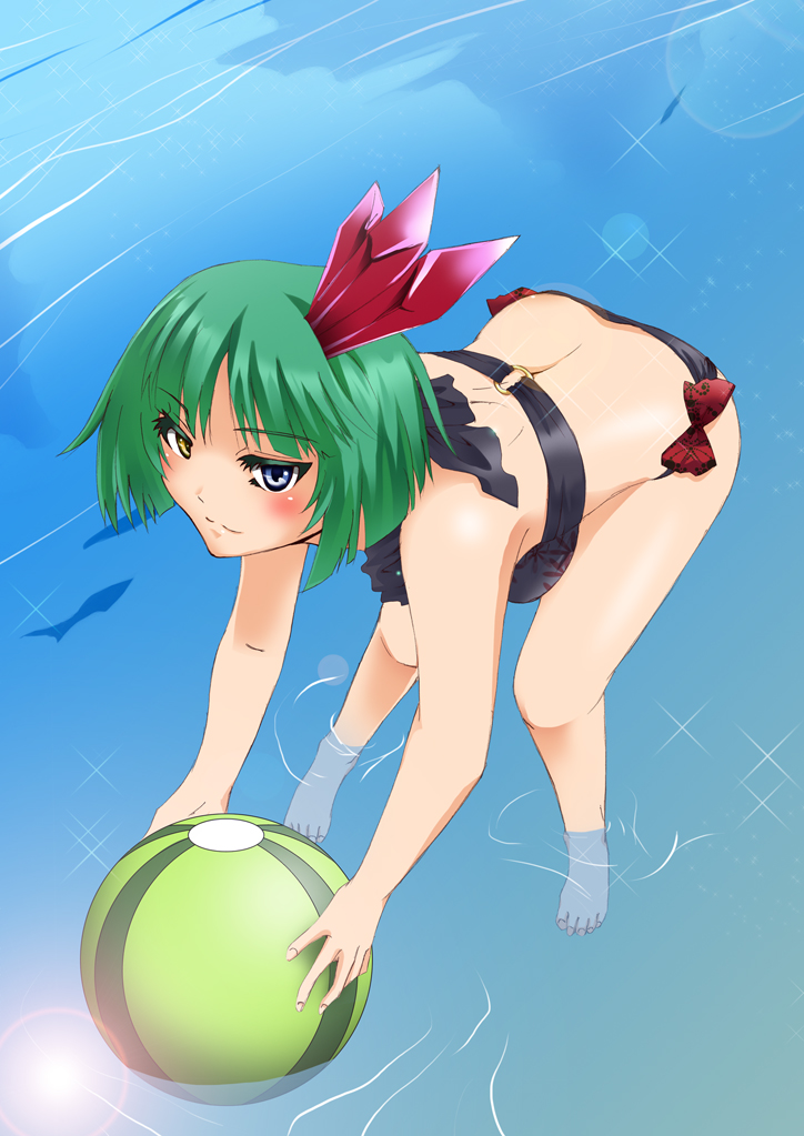 :3, ball, beachball, bent_over, bikini, blue_eyes, bow, dark_precure