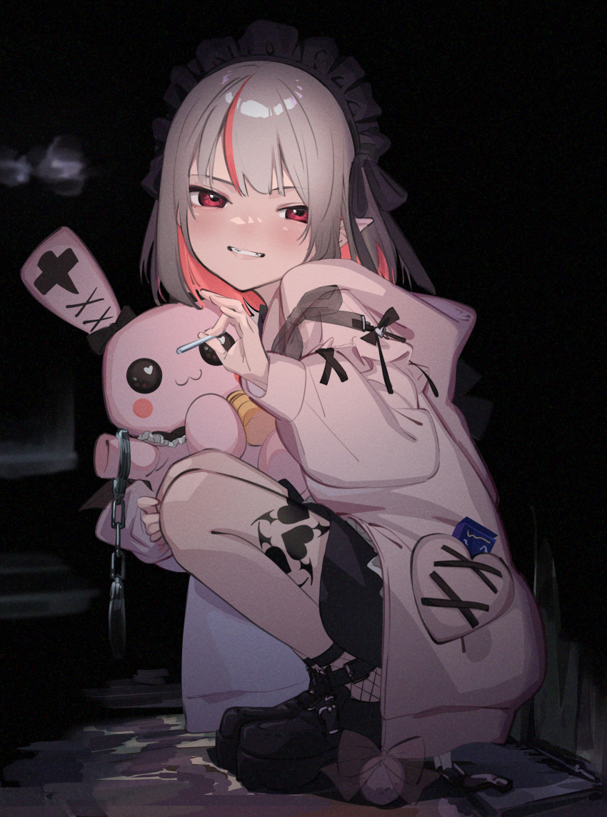 1girl, absurdres, black_background, black_footwear, black_hairband, blush, cigarette, colored_inner_hair