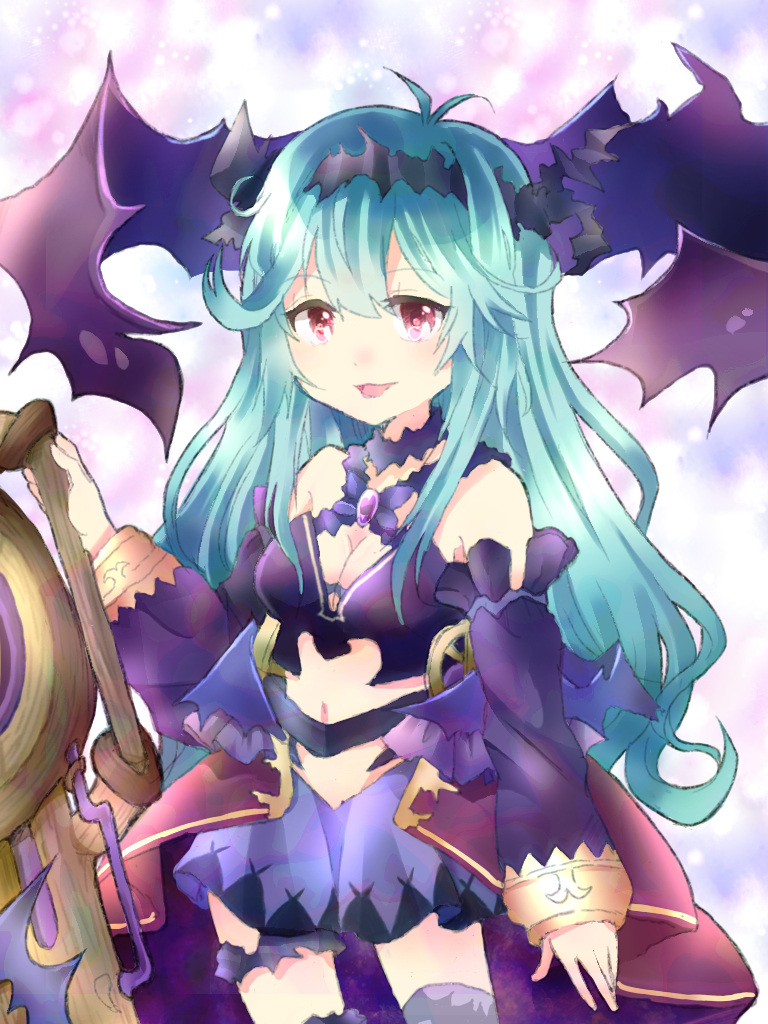 1girl, bare_shoulders, black_hairband, blue_hair, breasts, cannon, chaos_aurora_(grimms_notes), chibi
