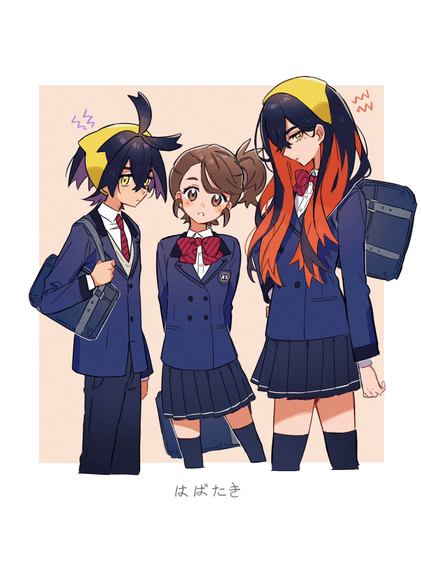 1boy, 2girls, bag, black_hair, black_skirt, black_thighhighs, blush, bow